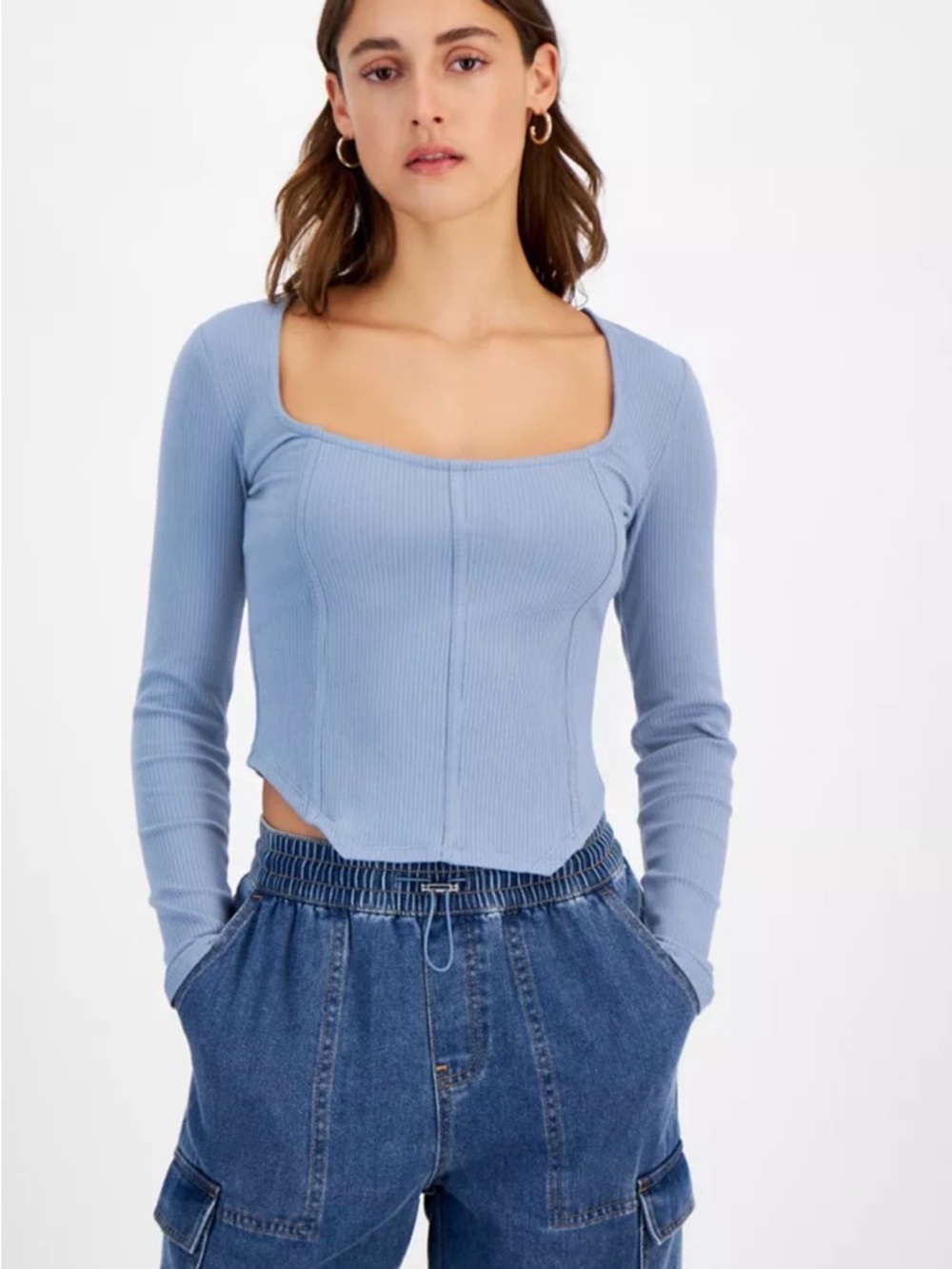Square Neck Ribbed Long-Sleeve Top in Light Blue